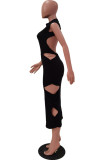 Red Sexy Solid Hollowed Out Backless O Neck A Line Dresses