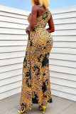 Blue Sexy Print Hollowed Out Patchwork Oblique Collar Straight Dresses