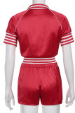 Red Casual Solid Embroidered Patchwork Zipper Collar Short Sleeve Two Pieces
