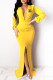 Yellow Fashion Elegant Print Fold V Neck One Step Skirt Dresses