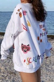 White Casual Print Patchwork O Neck Tops