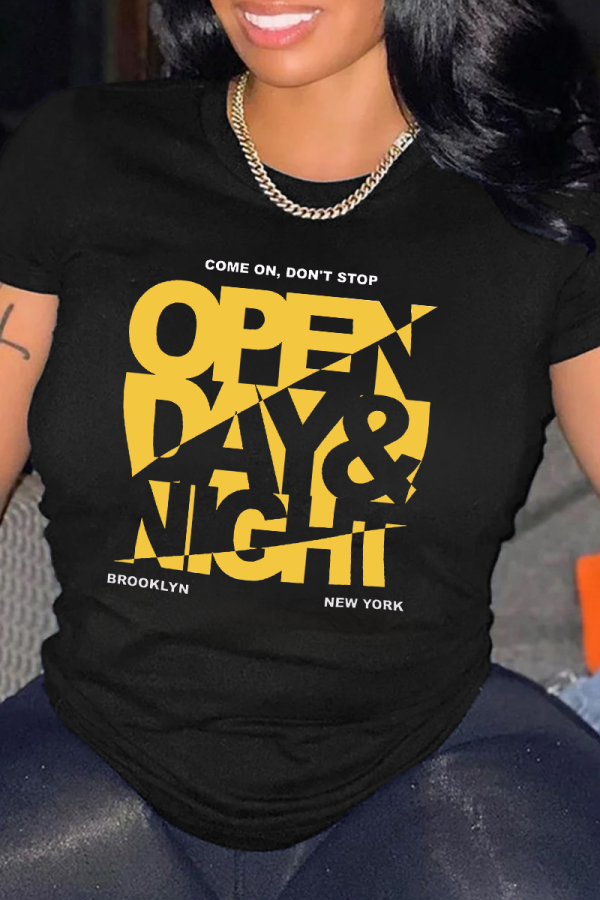 Black Fashion Street Print Patchwork Letter O Neck T-Shirts