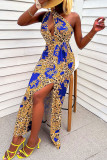 Blue Sexy Print Hollowed Out Patchwork Oblique Collar Straight Dresses