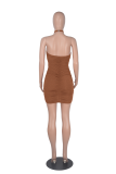 Coffee Sexy Solid Hollowed Out Halter Pencil Skirt Dresses