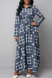 Grey Fashion Casual Print Basic Turndown Collar Long Sleeves Shirt Dress
