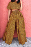 Mustard Yellow Fashion Print Patchwork O Neck Half Sleeve Two Pieces