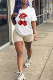 White Fashion Street Print Patchwork O Neck T-Shirts