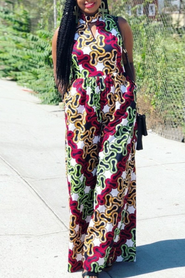 Red Green Vacation Print Patchwork O Neck Straight Jumpsuits