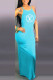 Cyan Fashion Sexy Print Letter Spaghetti Strap One Step Skirt Dresses