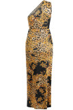Blue Sexy Print Hollowed Out Patchwork Oblique Collar Straight Dresses