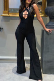Black Sexy Solid Hollowed Out Patchwork Asymmetrical Collar Boot Cut Jumpsuits