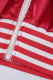 Red Casual Solid Embroidered Patchwork Zipper Collar Short Sleeve Two Pieces