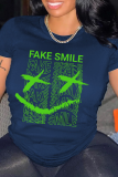 Navy Blue Fashion Street Print Patchwork O Neck T-Shirts
