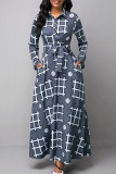 Grey Fashion Casual Print Basic Turndown Collar Long Sleeves Shirt Dress