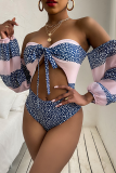 Tangerine Red Sexy Print Bandage Patchwork Swimwears