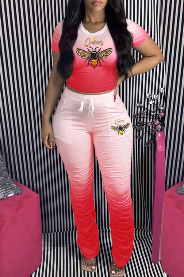 Red Fashion Casual Gradual Change Print Fold O Neck Short Sleeve Two Pieces