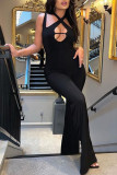 Black Sexy Solid Hollowed Out Patchwork Asymmetrical Collar Boot Cut Jumpsuits