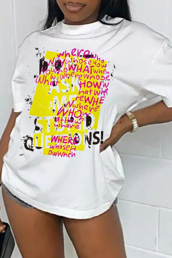 White Fashion Street Print Letter O Neck T-Shirts