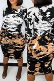 Brown Fashion Sexy Print Patchwork O Neck Long Sleeve Dresses