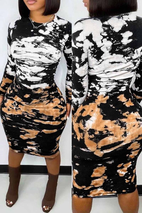 Brown Fashion Sexy Print Patchwork O Neck Long Sleeve Dresses