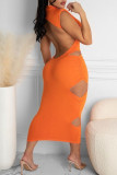 Red Sexy Solid Hollowed Out Backless O Neck A Line Dresses