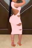 Red Sexy Solid Hollowed Out Backless O Neck A Line Dresses