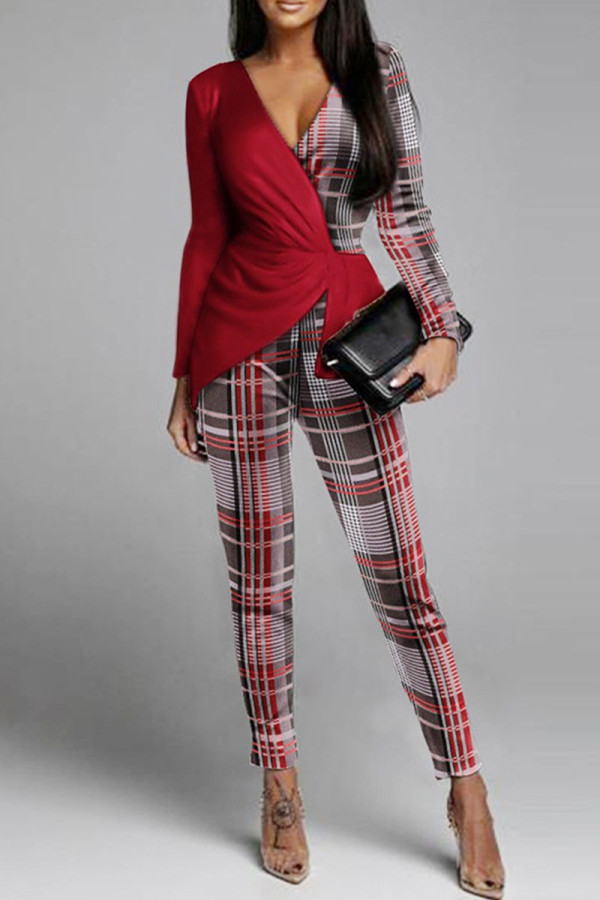 Red Black Casual Plaid Print Patchwork V Neck Regular Jumpsuits
