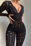 Black Fashion Sexy Solid Ripped Hollowed Out V Neck Skinny Jumpsuits