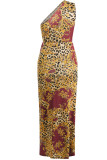 Blue Sexy Print Hollowed Out Patchwork Oblique Collar Straight Dresses