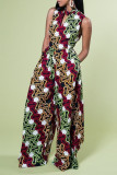 Light Blue Vacation Print Patchwork O Neck Straight Jumpsuits
