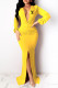 Yellow Fashion Elegant Solid Letter V Neck One Step Skirt Dresses