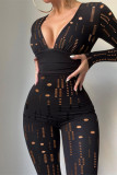 Black Fashion Sexy Solid Ripped Hollowed Out V Neck Skinny Jumpsuits