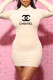 Cream White Fashion Sexy Print Letter O Neck Dresses