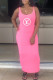 Pink Fashion Casual Print Letter Spaghetti Strap One Step Skirt Dresses