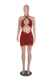 Burgundy Sexy Solid Hollowed Out Halter Pencil Skirt Dresses