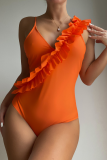 Tangerine Red Sexy Vacation Solid Fold Swimwears