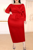 Red Fashion Solid Patchwork With Bow O Neck Evening Dress