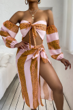 Tangerine Red Sexy Print Bandage Patchwork Swimwears
