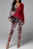 Red Black Casual Plaid Print Patchwork V Neck Regular Jumpsuits