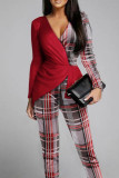 Red Black Casual Plaid Print Patchwork V Neck Regular Jumpsuits
