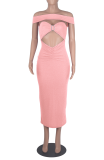 Pink Sexy Patchwork Hollowed Out Off the Shoulder Pencil Skirt Dresses