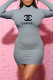 Grey Fashion Sexy Print Letter O Neck Dresses