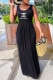 Black Fashion Casual Print Letter O Neck Straight Dresses