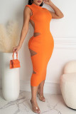 Red Sexy Solid Hollowed Out Backless O Neck A Line Dresses