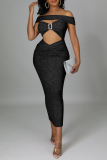 Pink Sexy Patchwork Hollowed Out Off the Shoulder Pencil Skirt Dresses