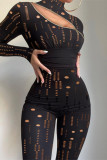 Black Fashion Sexy Solid Ripped Hollowed Out Patchwork Zipper Turtleneck Skinny Jumpsuits