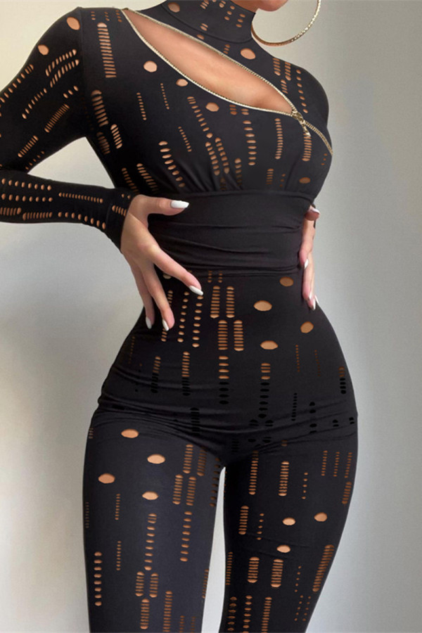 Black Fashion Sexy Solid Ripped Hollowed Out Patchwork Zipper Turtleneck Skinny Jumpsuits