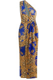 Blue Sexy Print Hollowed Out Patchwork Oblique Collar Straight Dresses
