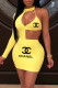 Yellow Fashion Sexy Print Letter O Neck One Step Skirt Dresses