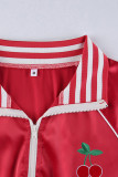 Red Casual Solid Embroidered Patchwork Zipper Collar Short Sleeve Two Pieces